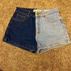 Two toned high rise mom denim shorts